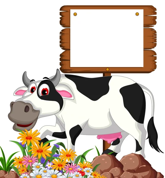 Vaca dibujo animado posando con signo en blanco — Vector de stock