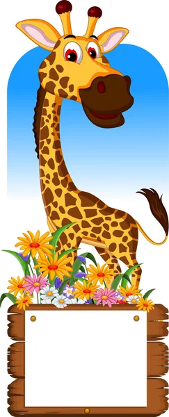 Linda jirafa de dibujos animados con tablero en blanco — Vector de stock