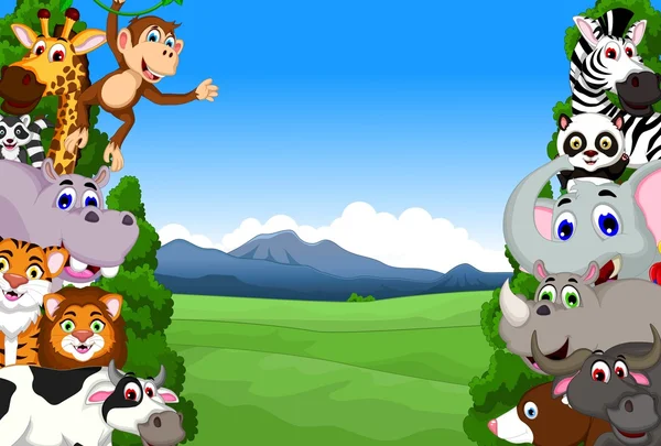 Engraçado animal cartoon coleção na selva — Vetor de Stock
