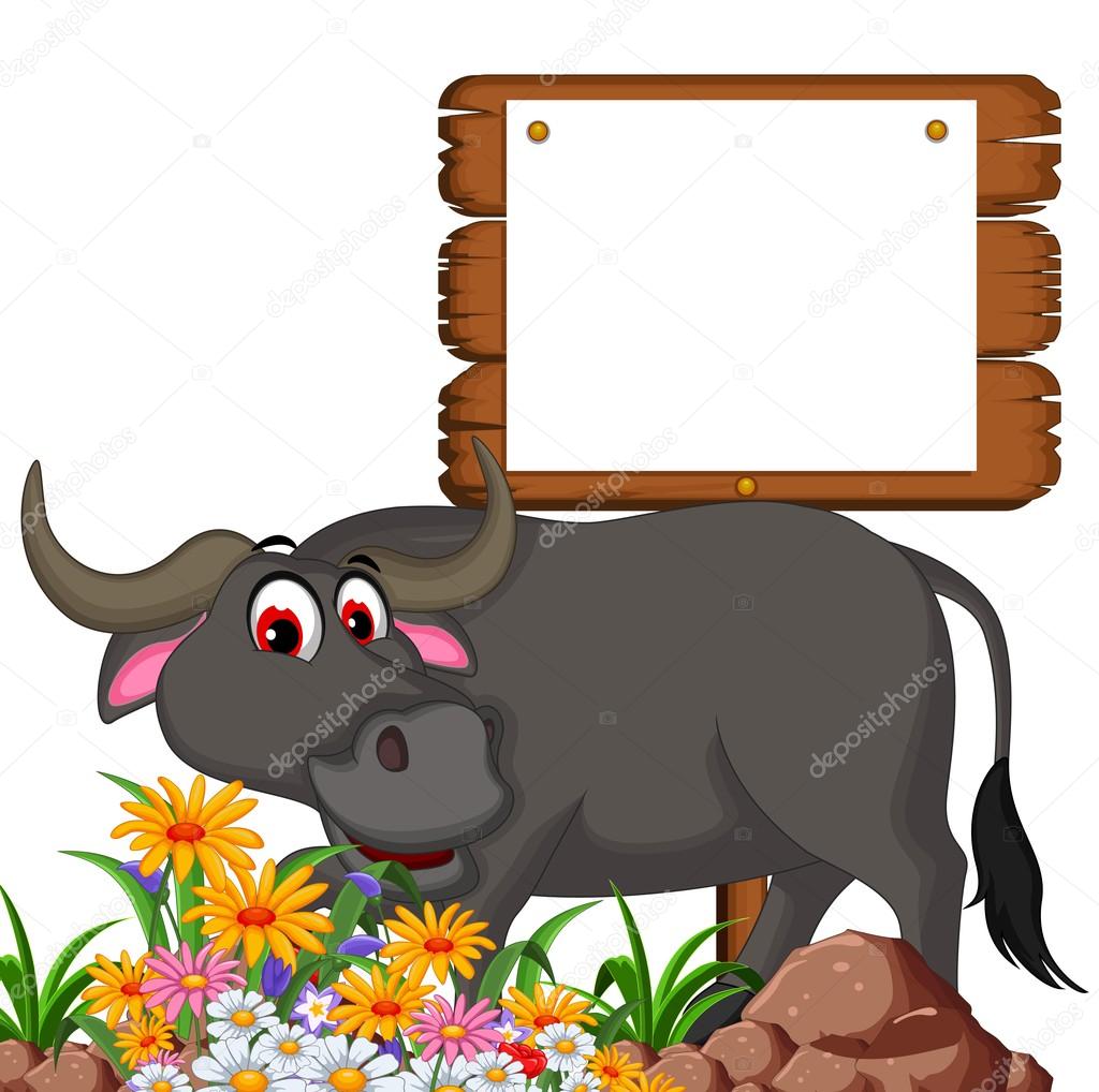 Cute buffalo cartoon posing with blank board for you design