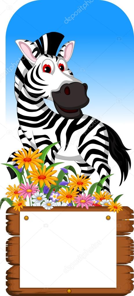 Funny zebra cartoon posing with blank board
