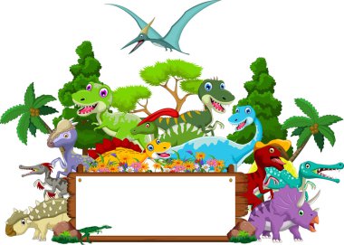 Dinozor karikatür manzara arka plan ve boş işareti