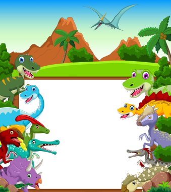 Dinozor karikatür manzara arka plan ve boş işareti