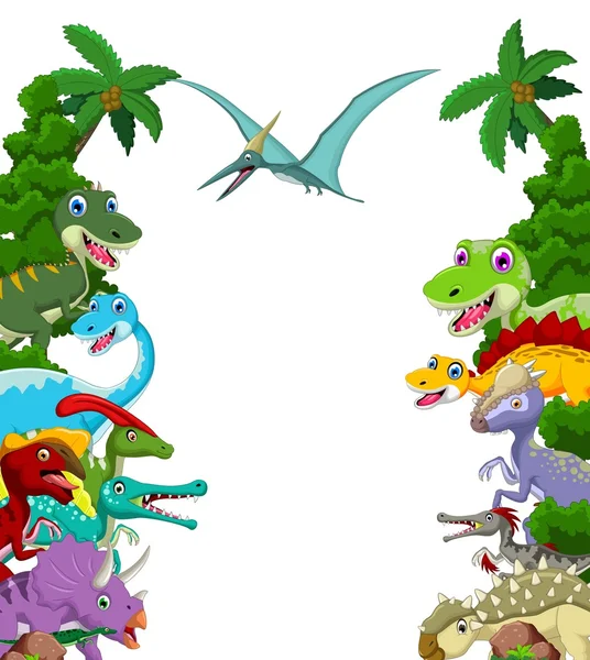 Мультфильм про динозавров с пейзажем — стоковый вектор