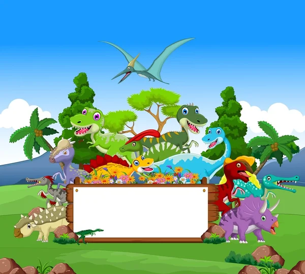 Мультфільм Динозавр з пейзажним фоном і порожнім знаком — стоковий вектор