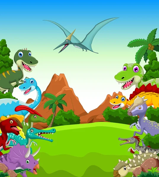 Desenhos animados de dinossauro com fundo de paisagem — Vetor de Stock