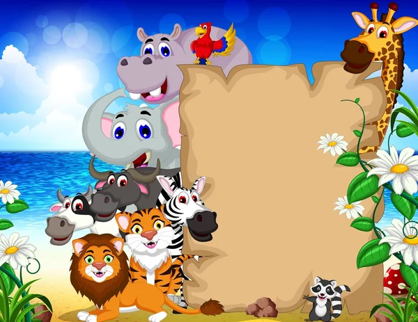 Dessin animé animal avec panneau vierge et fond de plage tropicale — Image vectorielle