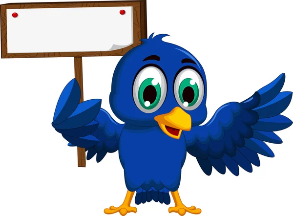 Desenho animado pássaro azul com sinal em branco — Vetor de Stock