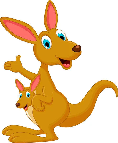 Dessin animé kangourou agitant et portant un Joey mignon — Image vectorielle