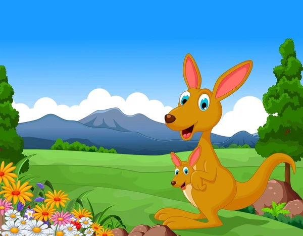 Canguru dos desenhos animados carregando um Joey bonito com fundo de paisagem —  Vetores de Stock