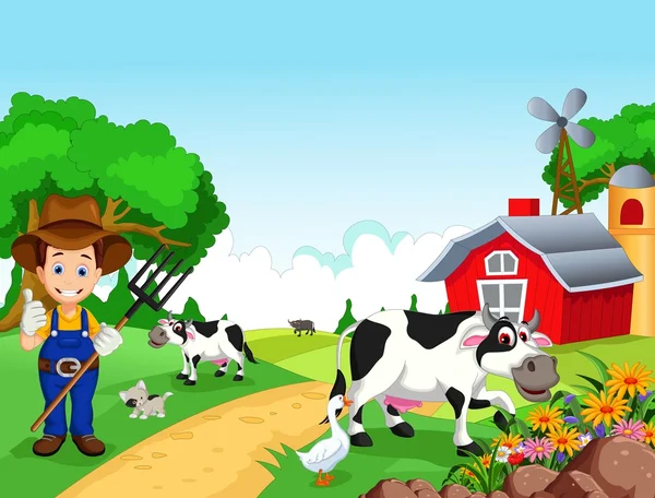 Antecedentes agrícolas com agricultores e animais —  Vetores de Stock