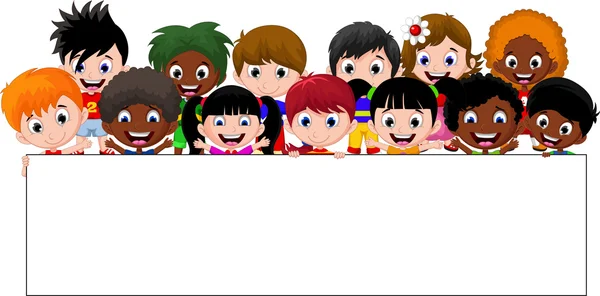 Feliz grupo sonriente de niños mostrando un signo en blanco — Vector de stock