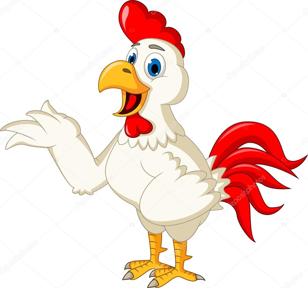 Happy cartoon rooster waving