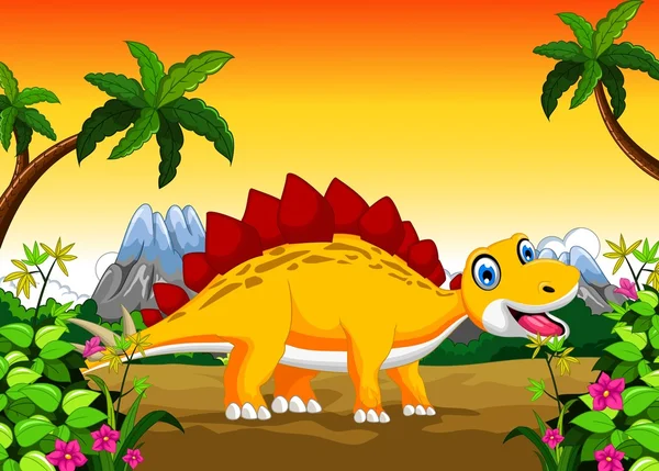 Dinosaur cartoon with landscape background for your design — Stock Vector