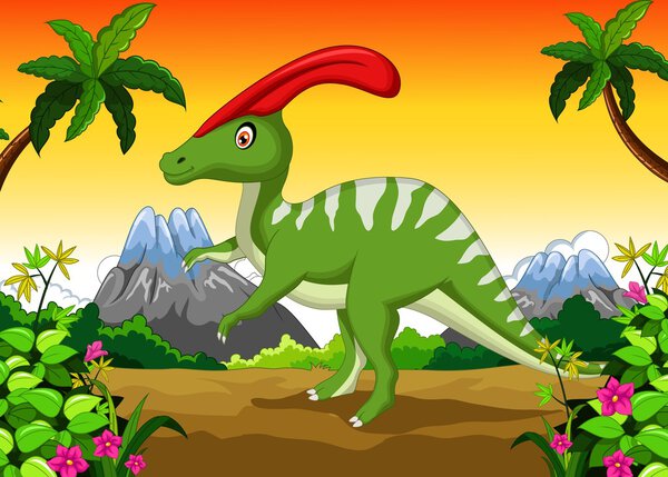 Dinosaur Parasaurolophus cartoon in the jungle