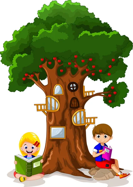 Kind liest das Buch unter dem Baum — Stockvektor