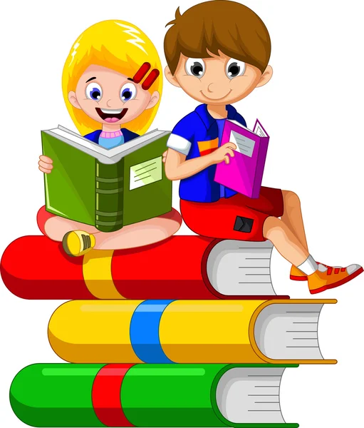 Kind lezing boek terwijl zittend op stapel van boeken andere beeldverhaal voor u ontwerpen — Stockvector