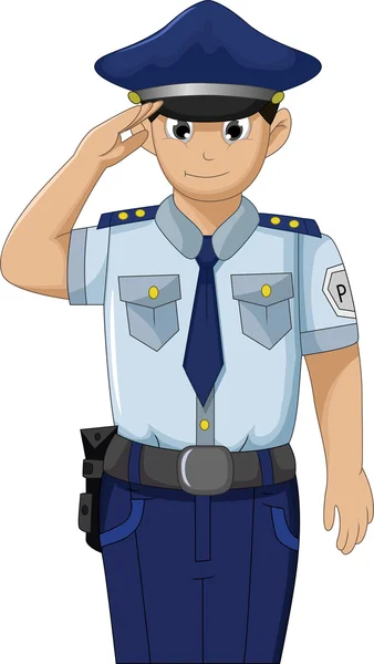 Police férfi intézkedések tisztes és tisztelegve rajzfilm — Stock Vector