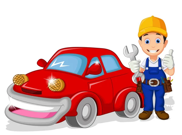 Mechanic cartoon with car for you design — стоковый вектор