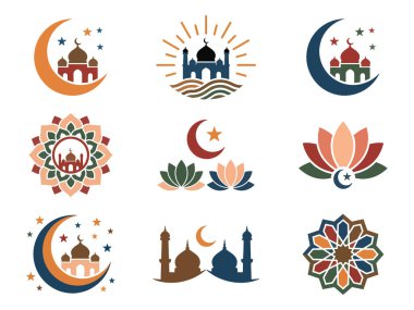 Cami siluetleri, hilal ayları, yıldızlar ve renkli mandalaların yer aldığı modern İslam logoları. Ramazan markası, bayram kutlamaları ve dini sanat projeleri için ideal.