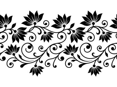 Çiçekleri açan ve yaprakları kıvrılan zarif siyah asma siluetleri. Düğün davetiyeleri, sayfa kenarlıkları, duvar çıkartmaları ve dekoratif lazer kesimi için mükemmel..