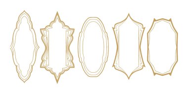 Geleneksel İslami kemer ve fener şekilli lüks altın çizgili sanat çerçeveleri. Zarif Ramazan kutlamaları, düğün davetiyeleri ve etnik markalaşma projeleri için mükemmel..