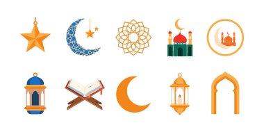 Altın yıldızların, desenli ayların, fenerlerin ve camilerin bulunduğu İslami sembollerin lüks bir koleksiyonu. Üst düzey Ramazan kutlamaları ve zarif dekorasyonlar için ideal..