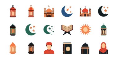 Renkli fenerler, camiler, hilal ayları ve yıldızların yer aldığı canlı bir İslami simge koleksiyonu. Ramazan tebrik kartları, bayram posterleri ve şenlik tasarımları için mükemmel..