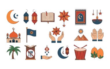 Hilal ayları, fenerler, camiler ve dua ayinlerinin yer aldığı kapsamlı bir İslami simge seti. Yıldızlar, piramitler ve bayram ve Ramazan için kültürel semboller içerir.