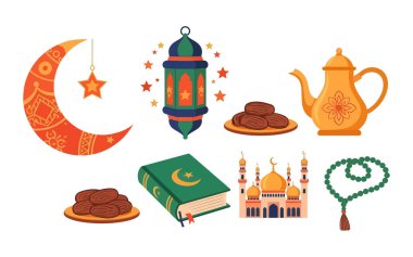 Hilal desenli uydular, asılı fenerler, altın çaydanlıklar ve camilerin yer aldığı zarif Ramazan sembolleri. Bayram kutlamaları ve şenlikli dekorasyon için mükemmel..