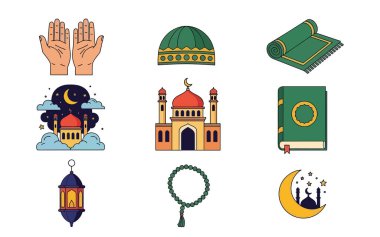 Dua ritüelleri, camiler, Kur 'an ve bir fener, seccade ve yıldızlı hilal gibi neşeli unsurların yer aldığı ayrıntılı İslami simgeler koleksiyonu..