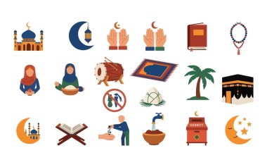 Kabe, sadaka kutuları, dua ritüelleri ve bayram sembollerinin yer aldığı yüksek kaliteli bir İslami simge seti. Dini uygulamalar, bayram kutlamaları ve tatil pazarlaması için ideal..