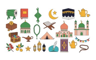 Kabe 'nin, camilerin ve tespihlerin yer aldığı İslami simgelerin ayrıntılı bir koleksiyonu. Fenerler, hazine sandığı ve geleneksel çay setleri gibi şenlik öğelerini içerir..