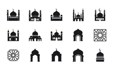 Profesyonel bir siyah cami silueti koleksiyonu, Mescidi kemerler ve geometrik yıldız desenleri. Bu temiz vektör çizimleri minimum İslami markalaşma için mükemmeldir.