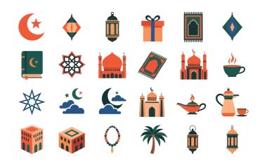 Cami, ibadet halıları ve Kuran 'ın yer aldığı birinci sınıf İslam simgeleri. Ramazan Mübarek için yüksek kaliteli vektörler selamlar, uygulamalar ve ticari tasarımlar.