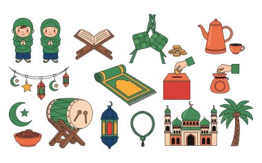 Sevimli Müslüman çocuk karakterleri, dua halıları, hayır kutuları ve camiler. Ramazan ve İslam eğitimi için yüksek kaliteli şirin vektörler.