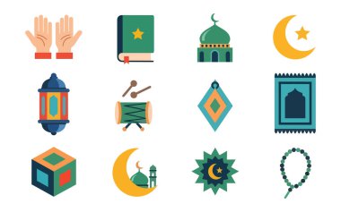 İçinde camiler, fenerler, Kuran ve tespih bulunan İslami simgeler. Ramazan kutlamaları ve şenlikli tasarımlar için yüksek kaliteli renkli vektörler.