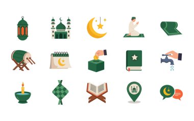 Müslüman dualarının, bağış kutusunun, Kuran 'ın ve camilerin en önemli simgeleri. Ramazan Kareem için temiz düz vektörler selamlar, uygulamalar ve İslami yaşam tarzı tasarımı.