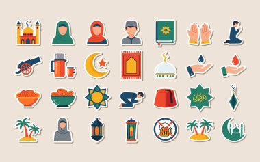 Müslüman karakterlerin, camilerin ve dua simgelerinin baş çıkartmaları. Ramazan kutlamaları, dijital planlamacılar ve şenlikli pazarlama için yüksek kaliteli vektörler.