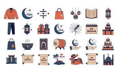 Hediyeler, havai fişekler, geleneksel kıyafetler ve camilerin yer aldığı özel bayram mübarek ikonları. İslam bayramı ve şenlik tasarımı için yüksek kaliteli vektörler.