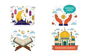Camiler, fenerler ve Kuran 'ın yer aldığı zarif Ramazan örnekleri. Dini selamlar, yardım afişleri ve sosyal medya için yüksek kaliteli vektörler.