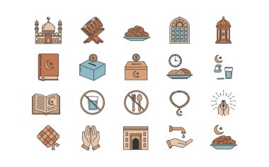 Camiler, dua eden eller, sadaka kutuları ve tarihlerin yer aldığı birinci sınıf Ramazan simgeleri. İslam ritüelleri ve bayram tasarımı için yüksek kaliteli vektörler.