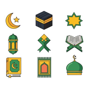 Cami, fener ve Kuran 'ın yer aldığı zarif deniz mavisi ve altın renkli Ramazan çıkartmaları. Selamlama ve hediye etiketi tasarımları için yüksek kalite vektör rozetleri.