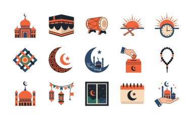 Kabe, cami ve gündoğumunun yer aldığı birinci sınıf Ramazan ikonları. Dini bayram markalaşması ve İslami kutlama tasarımı için yüksek kaliteli vektörler.