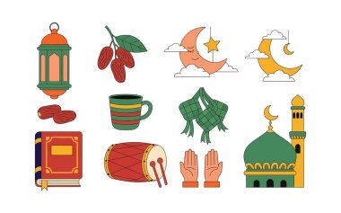 İçinde cami, hurma ve dua eden eller bulunan birinci sınıf yeşil ve sarı Ramazan ikonları. Kutlama ve yaşam tarzı tasarımları için yüksek kaliteli vektörler.