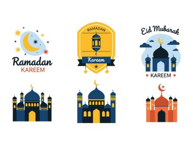 Premium Ramazan ve cami siluetleri ve fenerli bayram rozetleri. Kutlama etiketleri için yüksek kalite sarı, donanma ve turuncu vektörler..