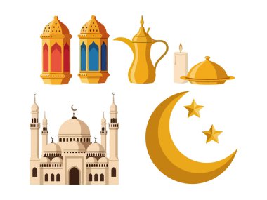 Cami, hilal ve fenerlerin yer aldığı birinci sınıf Ramazan ikonları. Lüks kutlamalar ve İslami kutlamalar için yüksek kaliteli vektörler.
