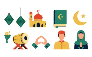 Müslüman karakterleri, camisi ve ketupatı olan birinci sınıf Ramazan ikonları. Şenlikli selamlar ve kültürel tasarımlar için yüksek kaliteli yeşil ve sarı vektörler.