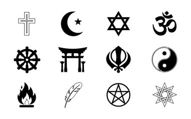 Haç, hilal, Davut 'un yıldızı ve Om' un yer aldığı evrensel dini semboller. Ruhani ve dinlerarası tasarımlar için yüksek kaliteli siyah siluetler.
