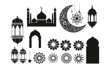 Süslü fenerler, cami kubbeleri ve geometrik desenler içeren birinci sınıf siyah siluet koleksiyonu. Minimalist İslami tasarım için yüksek kaliteli vektörler.